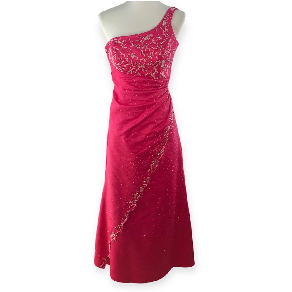 Precious Formals Fucia Pink Taffeta Silver Beaded Formal Gown with Wrap